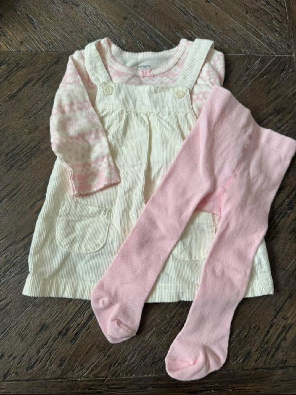 Carter's Cream Corduroy Pinafore Dress with Pink Top and Pink Tights